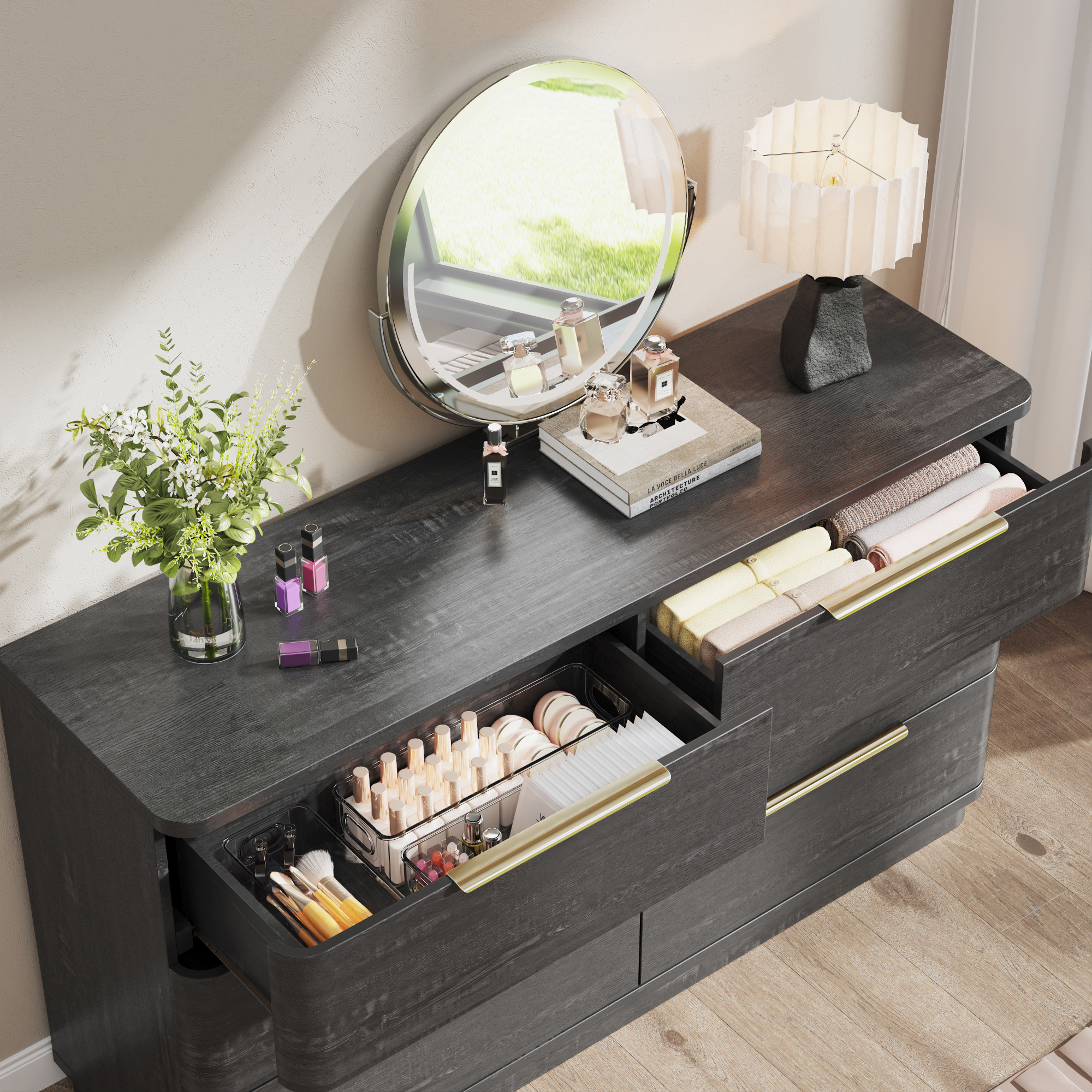 54" Wide Wood Dresser with 6 Drawers, Chest of Drawers for Bedroom, Hallway, Living Room, Wooden Dresser TV Stand, Black