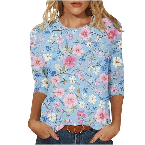 Floral Tops for Women 3/4 Length Sleeve T Shirts Tshirts Casual Crew Neck Graphic Tees Spring Fall Summer Clothes (XL, Light Blue)