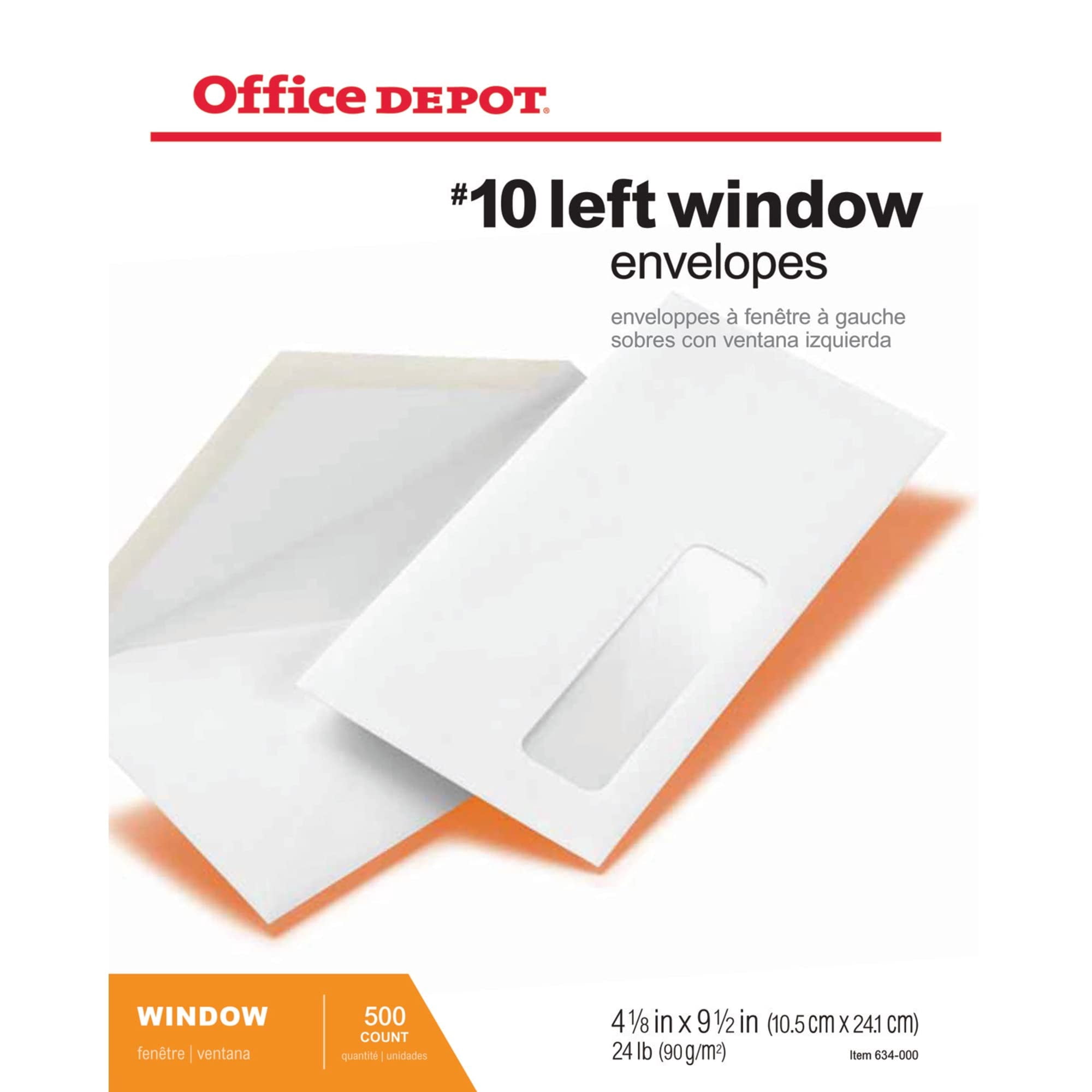Office Depot® Brand Window Envelopes, Window On Bottom Left, #10, 4 1/8" x 9 1/2", White, Box Of 500