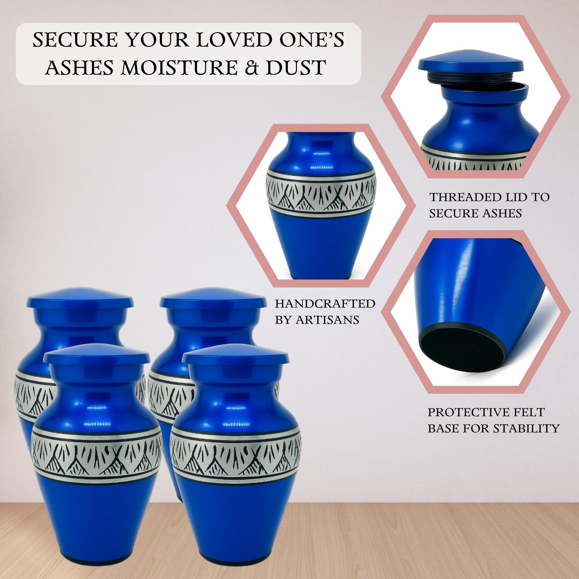 Nova Niche Small Royal Blue Aluminium Cremation Urns for Human Ashes – Mini Memorial Keepsake Set of 4 with Velvet Case