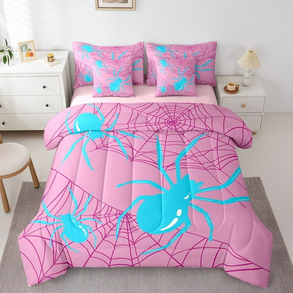 Erosebridal Animal Spider Bedding Sets Twin Size,Blue Pink Comforter Sets with Sheets,Spider Web Bed in a Bag Twin size,Breathable Wildlife Bedroom Decorative,Reversible,7pcs