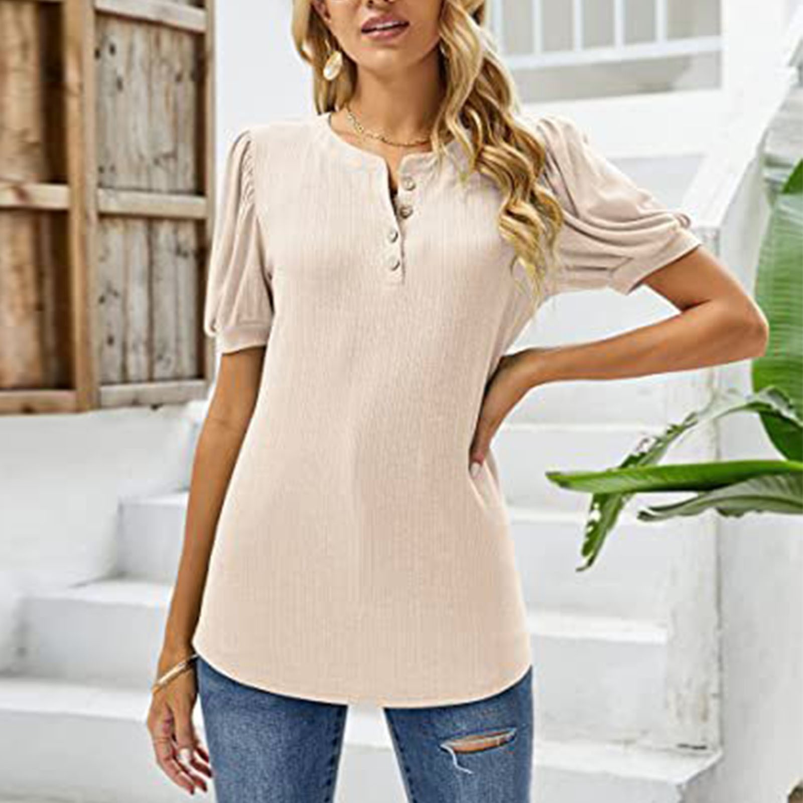 Women Clothes Summer Women's Short Sleeve Tops Womens Tops Casual Cotton Solid Color Tops for Women V Neck Oversized Tops for Women Trendy My Items