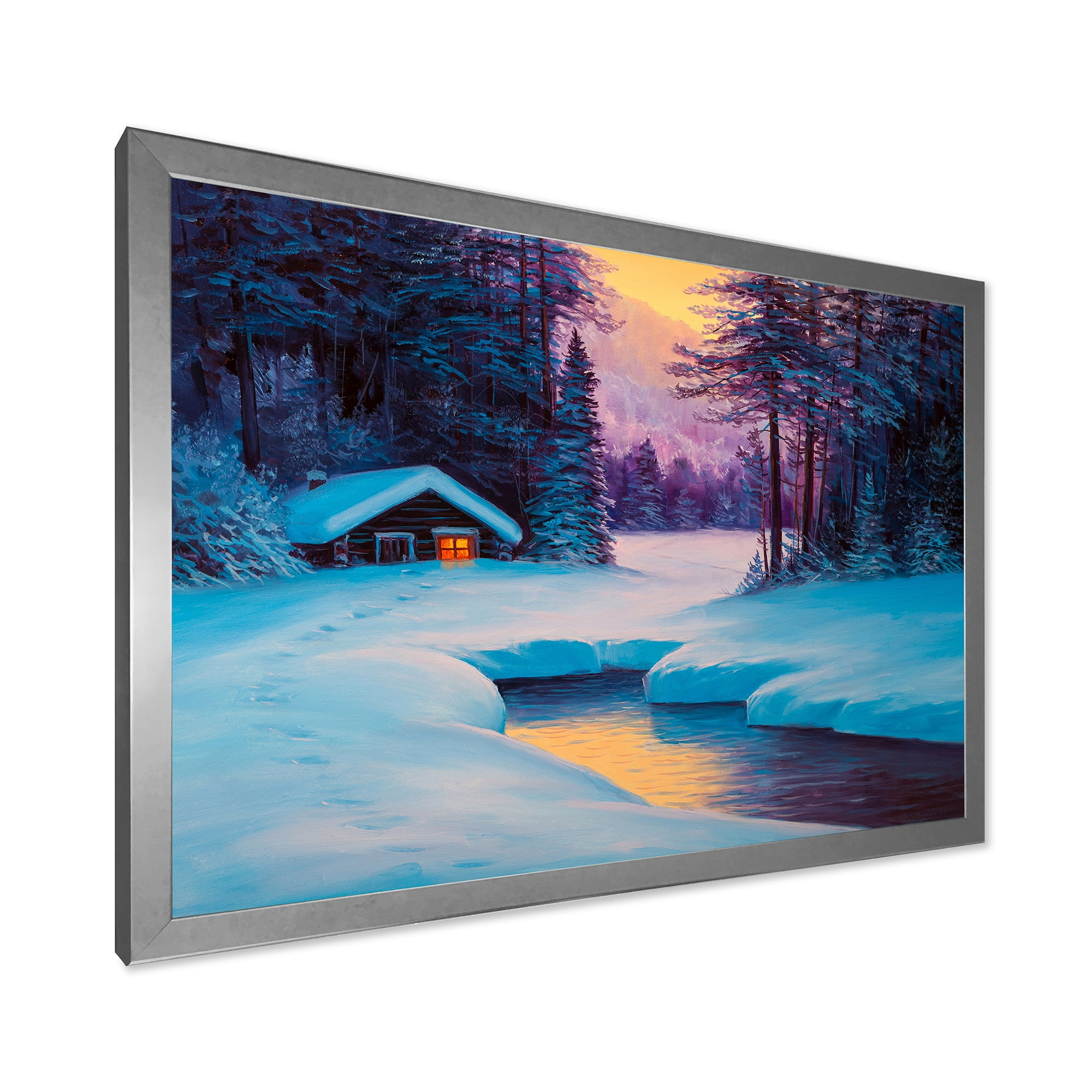 Designart 'Old Cabin In Winter Forest In Evening Glow II' Traditional Framed Art Print