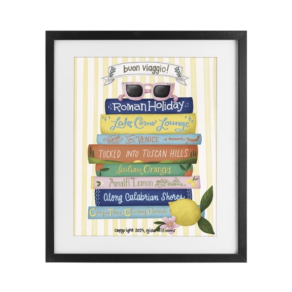 Stupell Industries Coastal Buon Viaggio Travel Books Black Framed Print Under Glass, 13 x 16, by Giao Williams