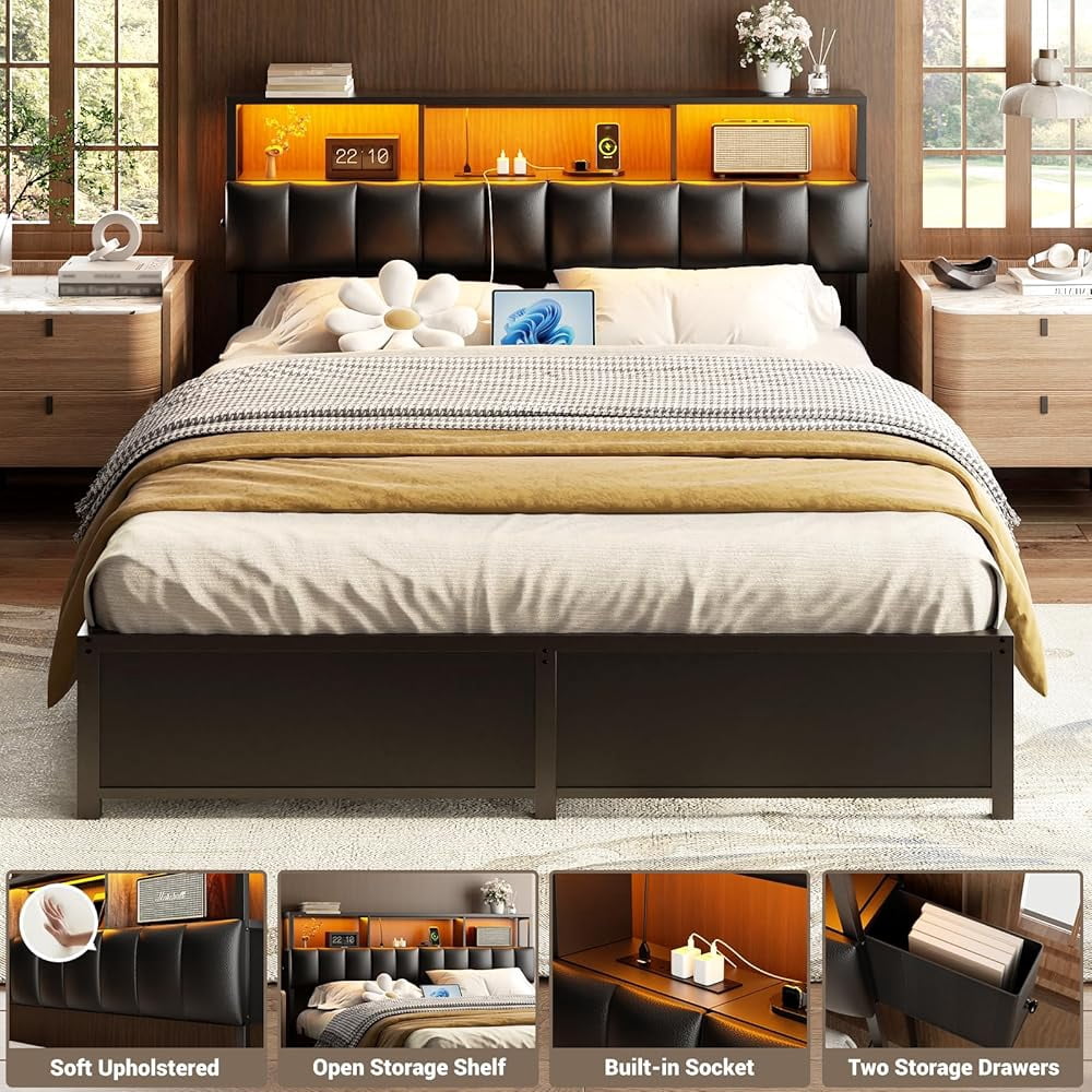 iSunirm Upholstered Twin Headboard with Hidden Drawer Storage, Full Size Bed Headboard with Power Outlet and LED Light, Free Standable, Sturdy and Stable Meta Frame, Noisy Free, Black