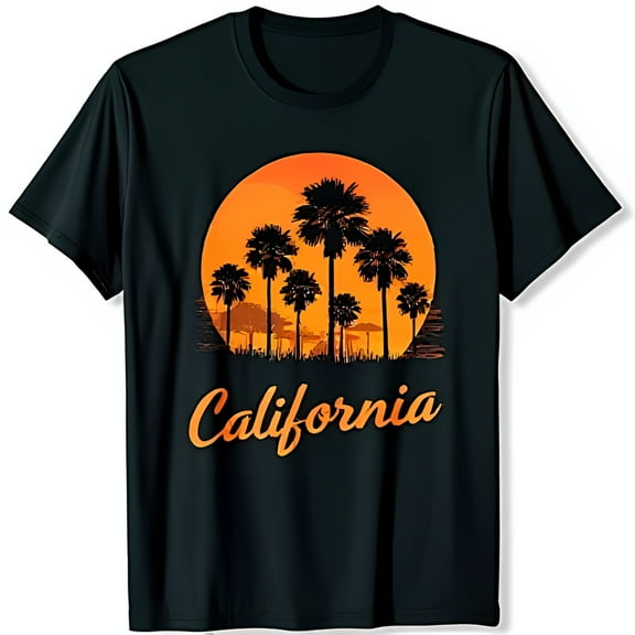 Vintage Black T-Shirt with Sunset & Trees Graphic California Style