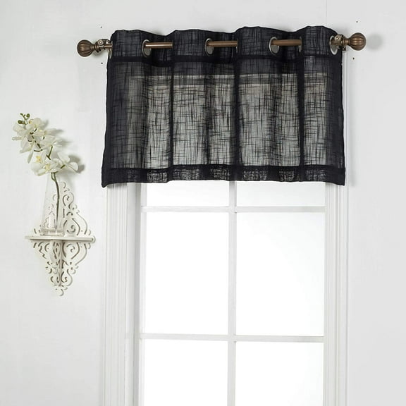 1 Piece Linen Look Semi Sheer Grommet Top Window Treatment Valance (18" Long, Black)