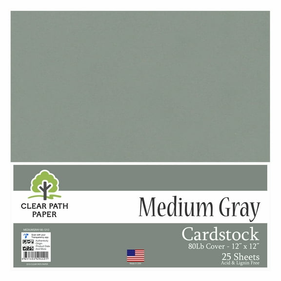 Medium Gray Cardstock - 12 x 12 inch - 80Lb Cover - 25 Sheets - Clear Path Paper