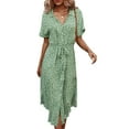 thumbnail image 5 of Canrulo Women Summer Floral Print Short Sleeve Deep V Neck Casual Belted Big Button Belted Dresses Loose Shirt Dress Green L, 5 of 10
