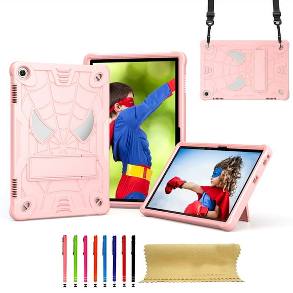 for Lenovo Tab M10 (3rd Gen) 10.1 TB-328F Silicone PC Kids Case, with 2-way Angles Stand + Adjustable Shoulder Strap + Pencil Holder Heavy Duty Protection Shockproof Rugged Case,Rosegold