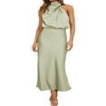 thumbnail image 2 of Robe Maxi en Satin pour Femmes Élégante Sans Manches Col Montant Bal Fête Mariage Invité Longue Formelle, 2 of 7