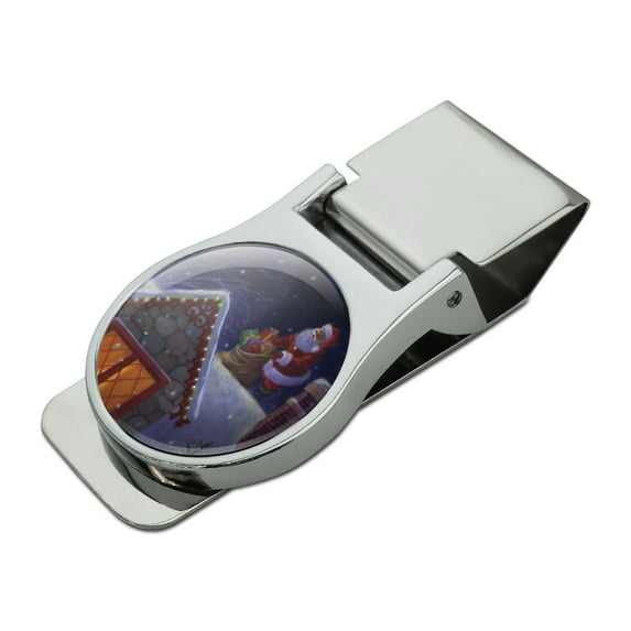 Christmas Holiday Santa Claus on Roof Satin Chrome Plated Metal Money Clip