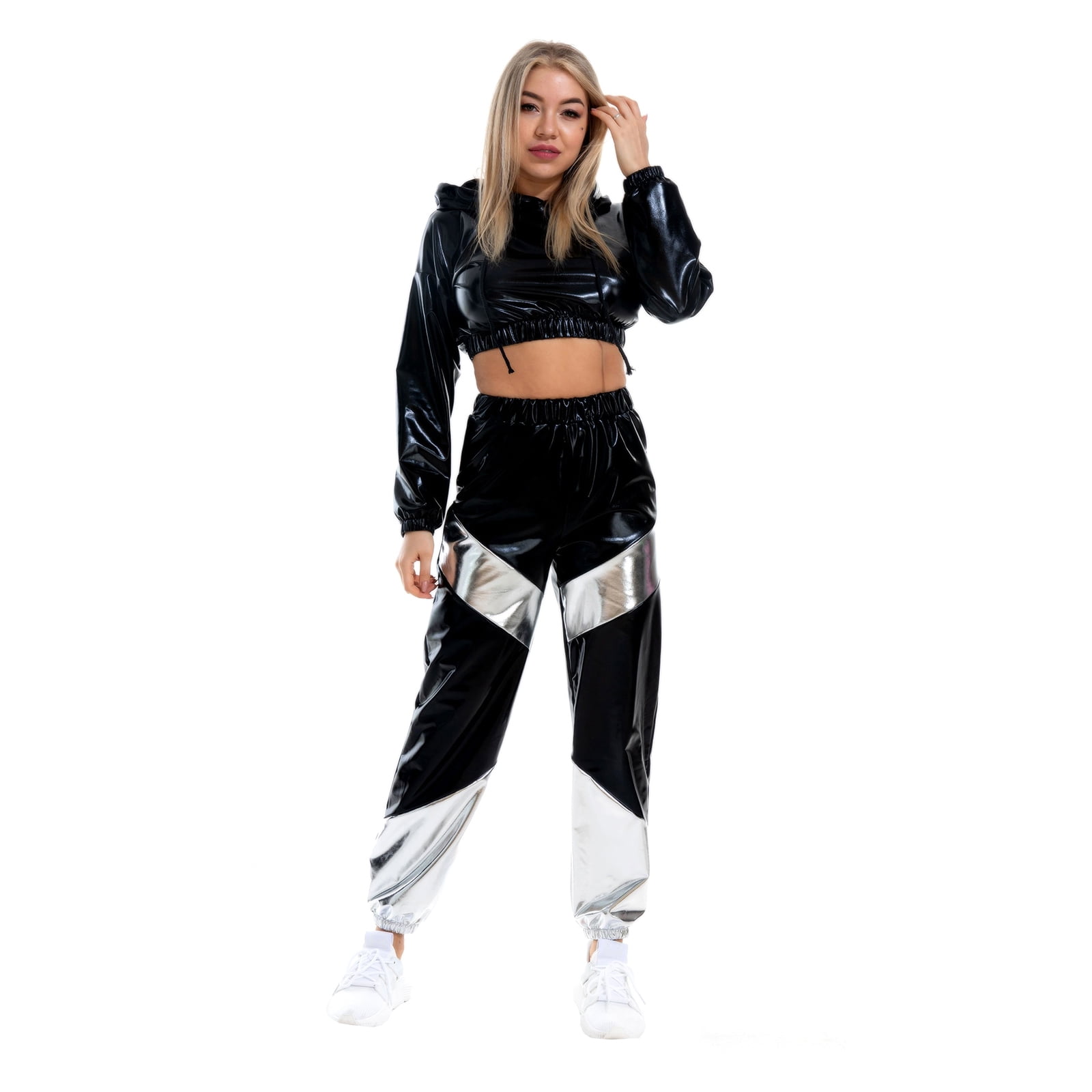 IBTOM CASTLE Women's Rave Outfit Shiny Crop Top Hoodie Casual Long Pants Hooded Workout Sweatshirt Dance Clubwear XXL Black