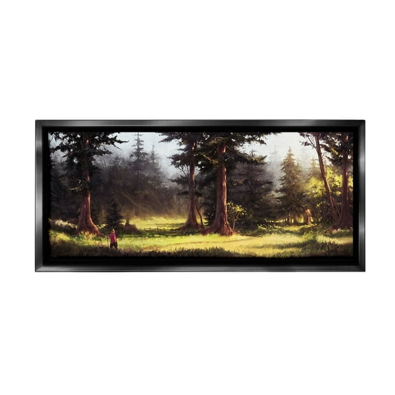 Stupell Industries Hiker in Sunlit Grove Landscape Painting Black Floater Framed Canvas Art Print Wall Art, 25 x 11
