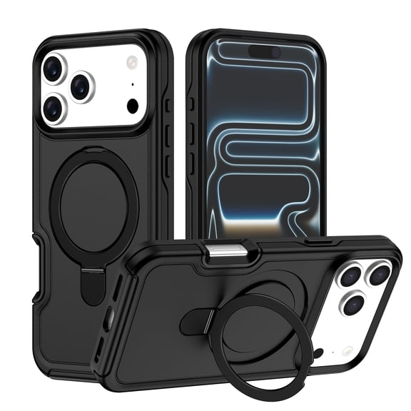 TECH CIRCLE For iPhone 16 Pro Max PC TPU Ring Case with Metal Kickstand, Magnetic Mount, Shock-Absorbent, Qi Wireless Charging, Lightweight Non-Slip Matte Heavy Duty Protection,Black