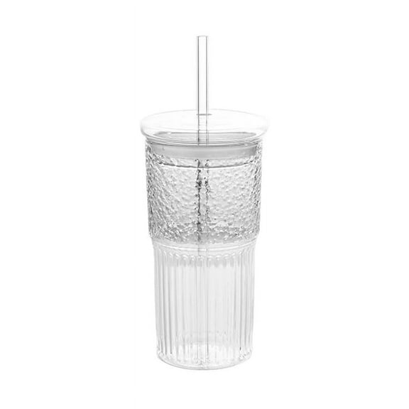 600Ml Glass Cup Milk Coffee Cup with Lid and Straw Transparent Stripe Water Cup Mug y21173