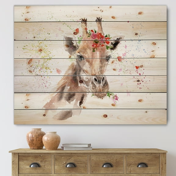 Designart 'Portrait of A Giraffe With Red Flowers II' Farmhouse Print on Natural Pine Wood