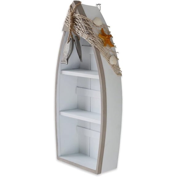 16.5"H Wooden Boat Display with 3 Shelves Fish Net Star Fish, White Wood Boat Stand Beach Nautical Theme Decor