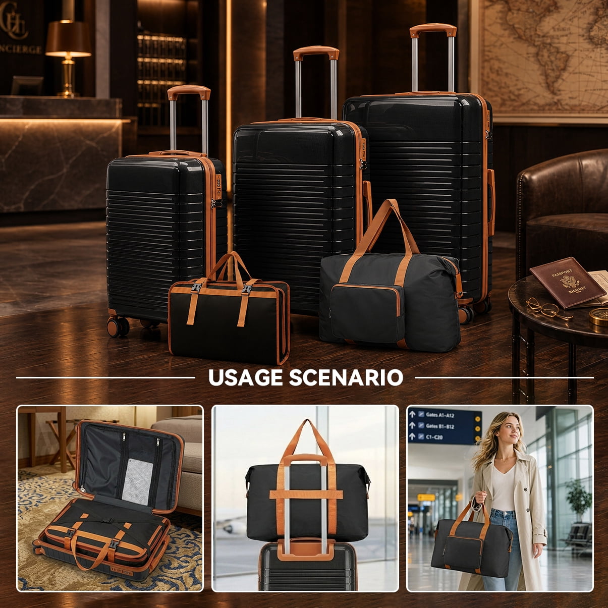 5-Piece PP Luggage Set with TSA Lock, 20"/24"/28" Spinner Suitcases + Handbag + Toiletry Bag, TPE Silent Wheels, Travel Accessory Bundle for Family Trips