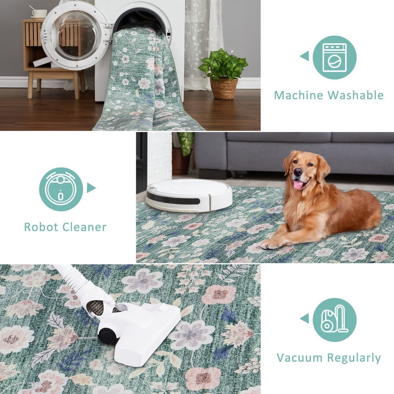 Area Rugs 9'x12' Washable Floral Rugs for Living Room Non Slip Low Pile Carpet for Office Bedroom Kids Room Bedside Green