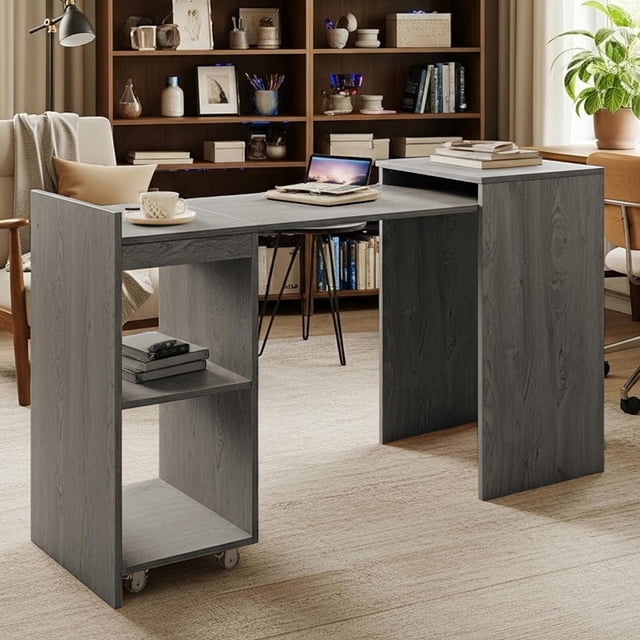 Fohfurniture Escritorio Plegable de Madera Expandible con Estante De Almacenamiento Marrón, Mesa de Escritura de Mediados de Siglo para Oficina en casa Plegable Que Ahorra Espacio.