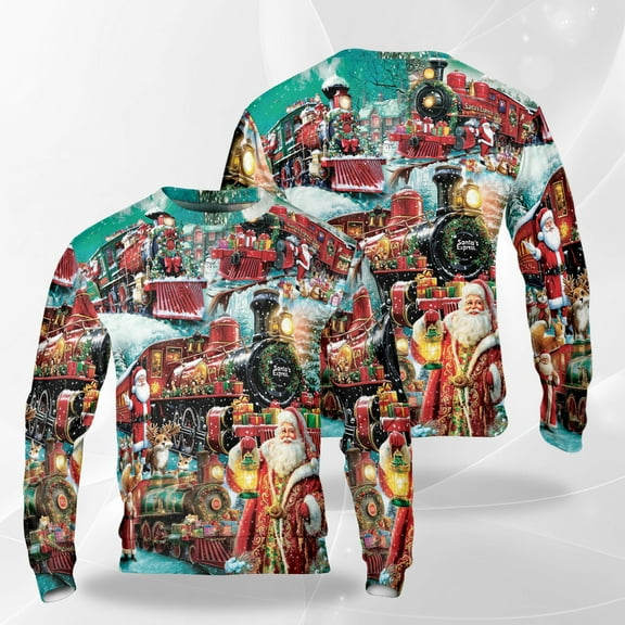 Santa Express Train Christmas Sweatshirt, Festive Holiday Locomotive Crewneck, Santa Riding Red Train Winter Pullover for Men Women