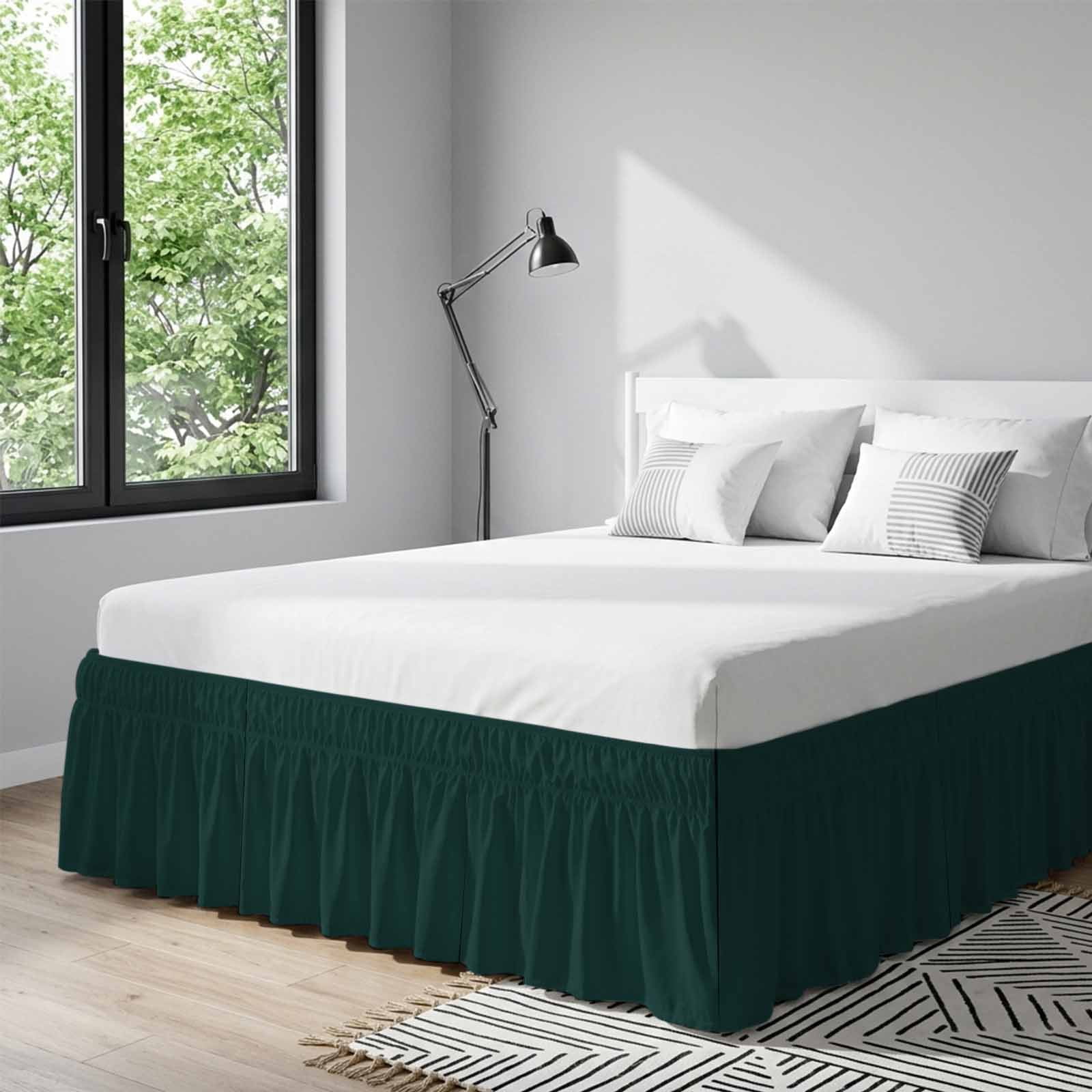 Bed Skirt Solid Color Adjustable Elastic Wrap-Around Dust Ruffle with Deep Green 18 Inch Drop, Bed Frame Cover for Queen Size Bed