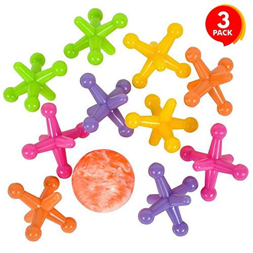3 Sets Vintage Toys Fun Activity for Kids ArtCreativity Large Neon Jacks Game Birthday Party Favors for Boys and Girls Each Set with 10 Plastic Jacks and 1 Marbleized Rubber Ball 