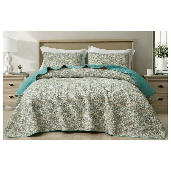 Presley 3-Piece Printed Paisley Floral Cotton Quilt Set Oversized King Size - Teal Ivory Brown Paisley Floral - Stone Washed Cotton Breathable Lightweight Bedspread Set