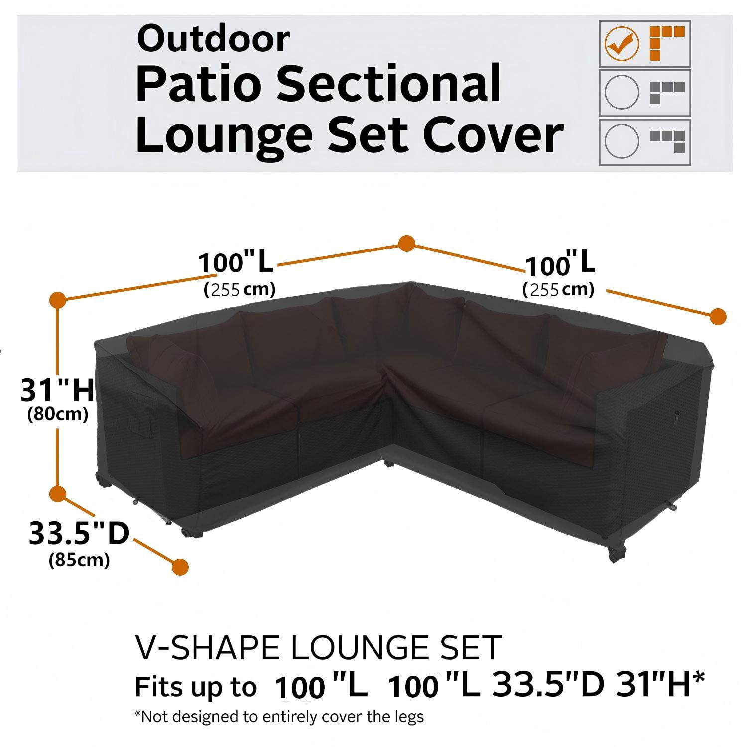 Seralis Outdoor Sectional Cover 100"x100" Black V-Shaped Patio Sofa Cover 420D Heavy Duty Waterproof