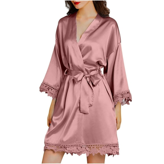 IROINNID Long Sleeve Dress for Women Homewear Long-Sleeve V-Neck Dress Color Lace Night-Robe One Size ,Beige