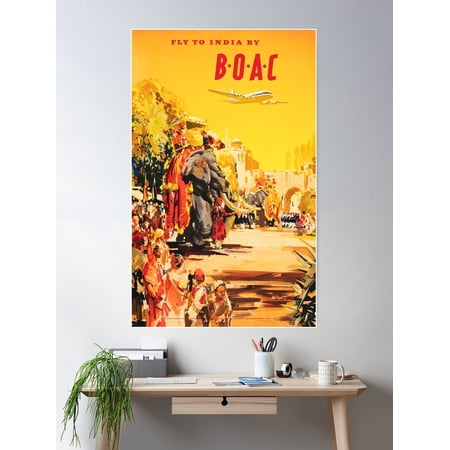 Fly To India By B.O.A.C Tourism Holidays Vintage Airlines Travel Poster Poster Wall Art, Modern Wall Decor For Living Room Bedroom, 8x12 UNFRAMED