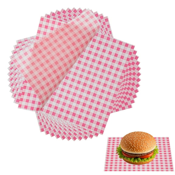 Uxcell 200 Pcs Wax Paper Sheets for Food, 7 x 7 Inch Greaseproof Wrapping Paper Sheets, Checkered Square Food Basket Liners for Sandwich Hamburger Bread, Pink