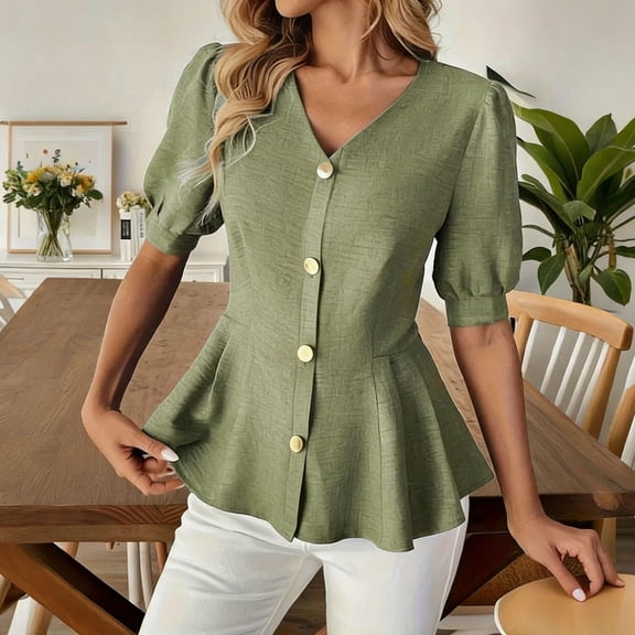 Karight Women's Fashion Casual Solid Color V-Neck Buttoned Short Sleeve Top