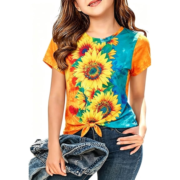 Lanbubble Girls Graphic T-Shirt Tie Dye Kids Short Sleeve Tee Shirt Tie Front Tops 7-12 Years