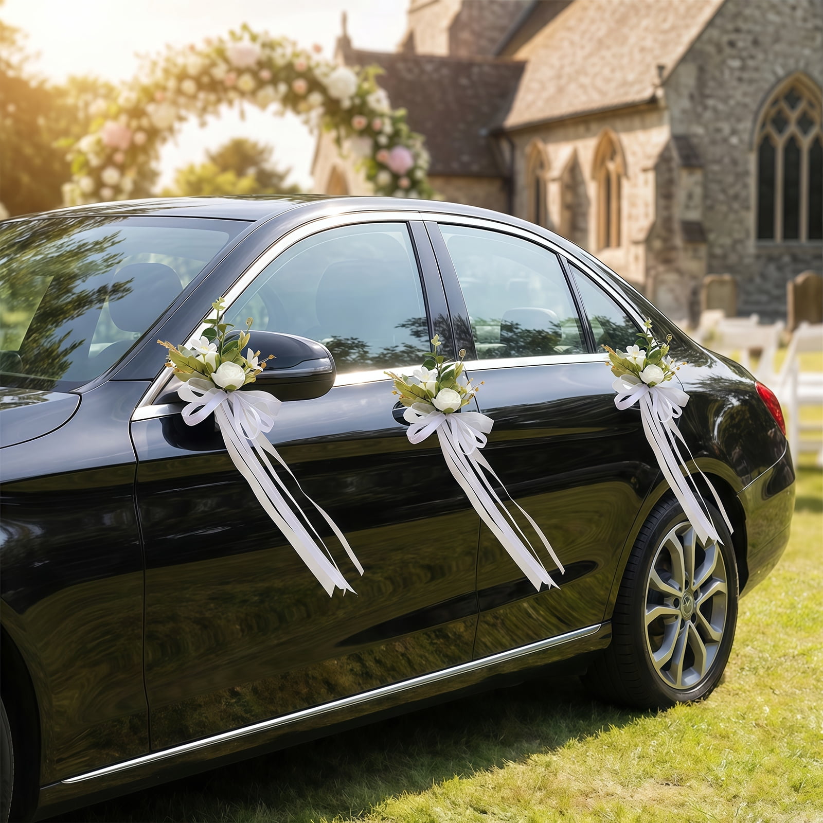 Set of 12 White Wedding Car Decorations Artificial Flowers for Door Handle Decor Just Married Car Decorations for Mirror Wedding Accessories for Reception Flores Artificiales para Decoracion