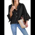 thumbnail image 1 of Blusa Informal con Mangas Acampanadas 3/4 para Mujer, con Botones y Dobladillo con Volantes, con Ojales Negro S, 1 of 8