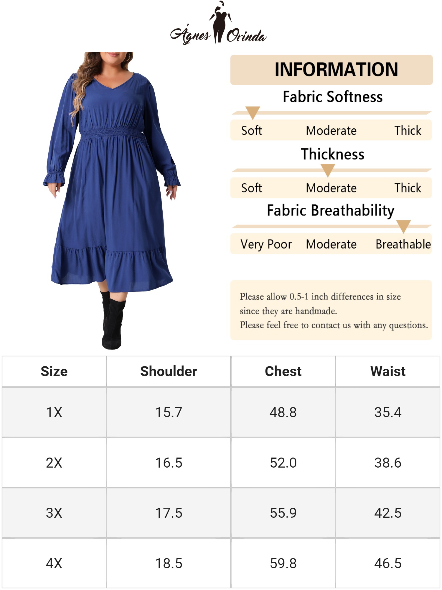 DARING DIVA Plus Size V Neck High Waist Ruffle Long Sleeve Dress 2X Royal Blue
