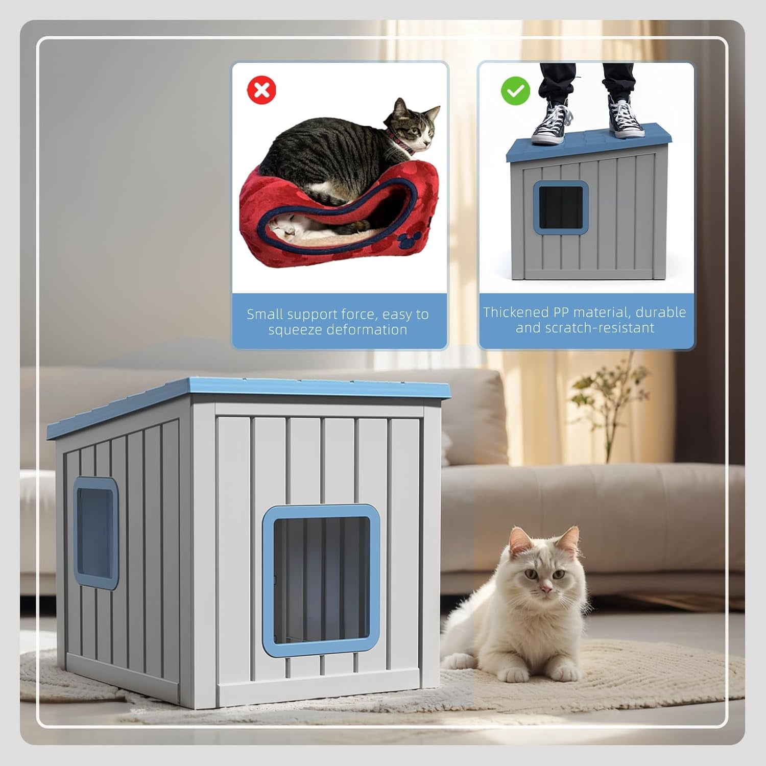 Joxxoaa Outdoor resin weatherproof cat house,ventilated and insulated for Cats, Kittens, Puppies,washable,easy to assemble,scratch- and bite-resistant,non-stick to hair (blue)