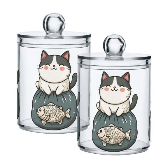 Yayeee 2 Pack Qtip Holder Bathroom Cotton Swab Canister with Lid Clear Dispenser Set, Beige Cute Cat