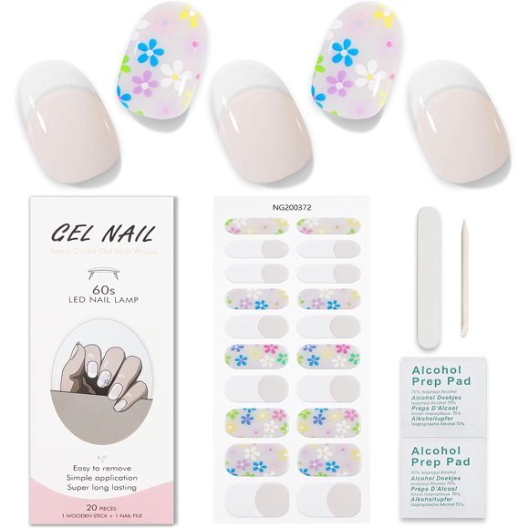 AIR-JMEOWIO Semi Cured Gel Nail Strips French Tip Flower Gel Nail Stickers Nail Supplies Nail Art Design Decoration Accessories