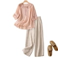 thumbnail image 2 of Lumtrix Linen Sets for Women 2 Piece Casual Summer 3/4 Sleeve Shirts Wide Leg Pants with Pockets Work Suits Lounge Outfits Pink M, 2 of 4