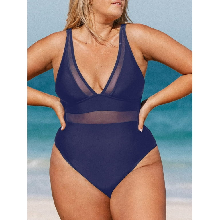  Mesh Insert High Waisted Plus Size Swimwear V Neck