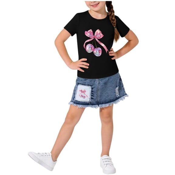 Ugoldhm Girls' 2-Piece Short Sleeve T-Shirt with Denim Skirt Set, Casual Summer Outfit for 2-8 Years