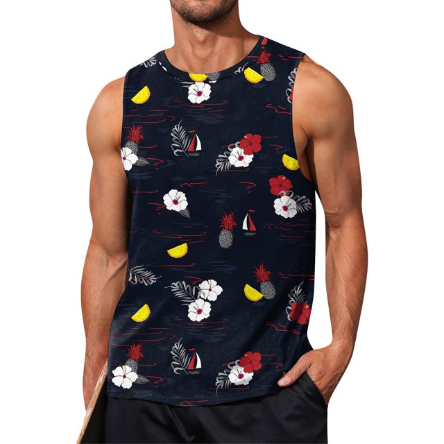 Summer Men's Solid Color Printed Sweat-absorbing Breathable Shoulder Expanding Sleeveless Vest2XL
