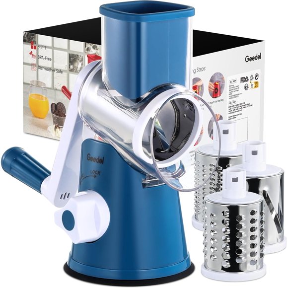 Geedel Kitchen Cheese Grater, Rotary Mandoline Vegetable Slicer with Interchangeable Blades, Easy to Use Rotary Grater Slicer for Fruit, Vegetables, Nuts
