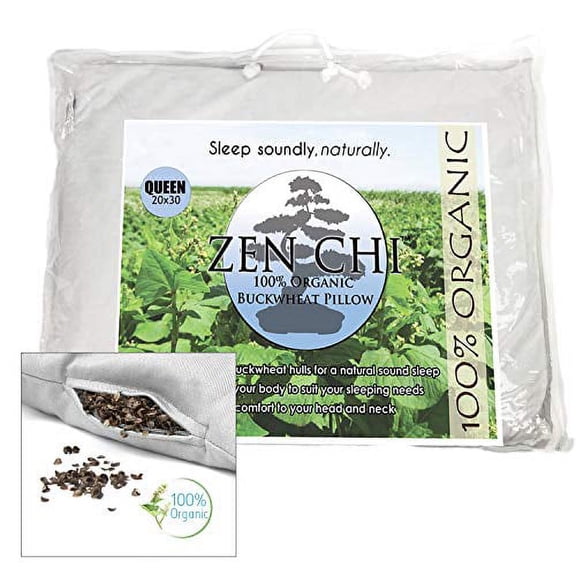 Zen Chi Organic Queen Size Buckwheat Pillow for Sleeping (20"X30") w Natural Cooling Technology and All Cotton Cover w Organic Buckwheat Hulls