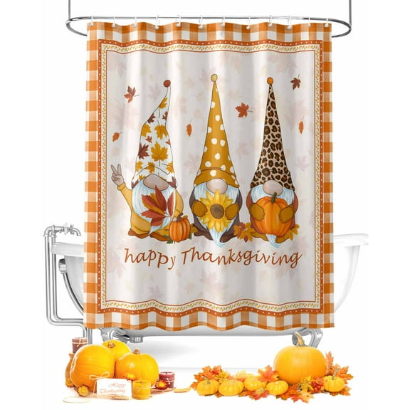 Happy Thanksgiving Shower Curtain Set ，Waterproof Fabric Shower Curtains Gnome Pumokin Sunflower Leaf Orange Plaid Shower Curtains for Bathroom,Bathroom Decor 48"x72"