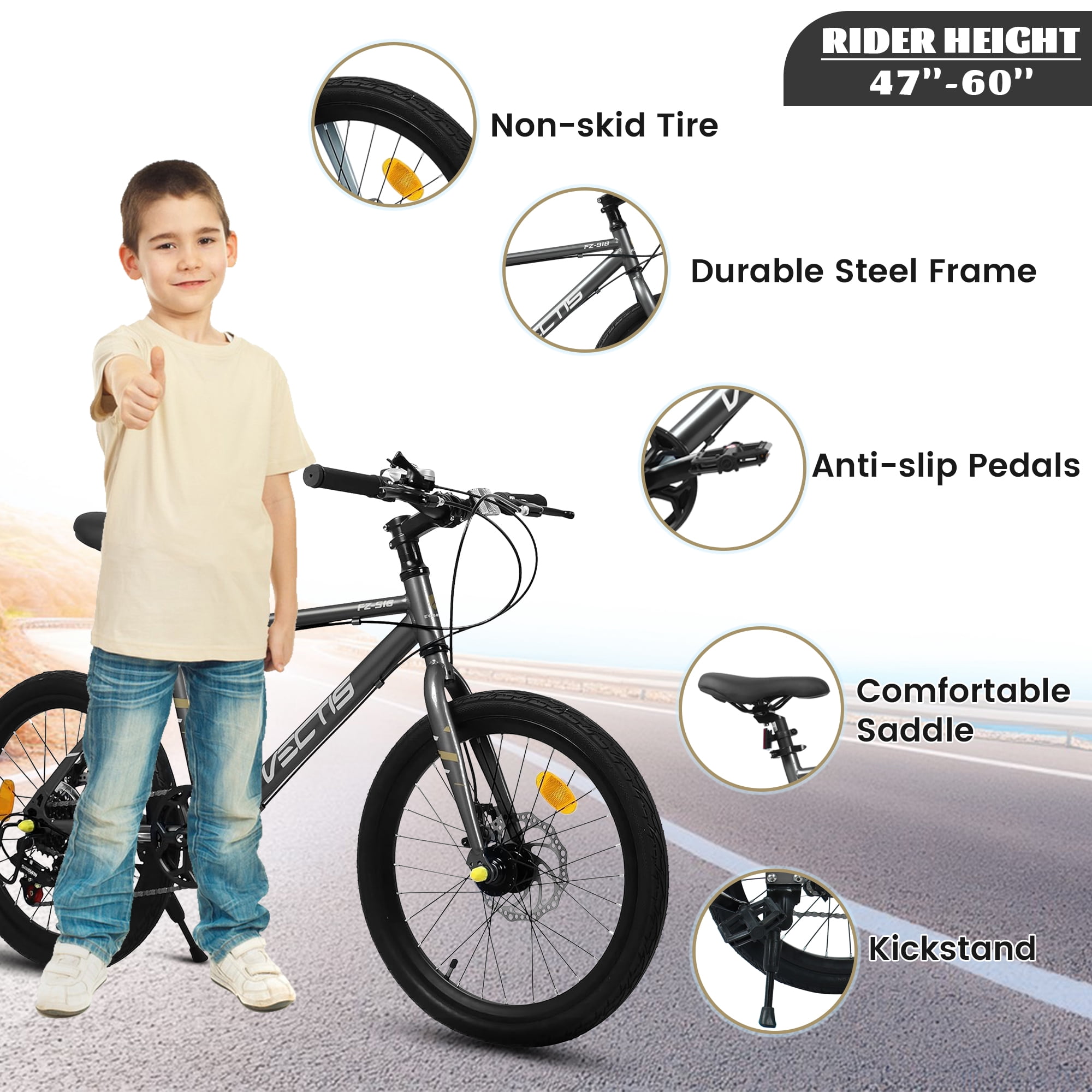 Aukfa 20" Kids Bike for Boys Girls,7-Speed Steel Frame,Dual Disc Brakes,Black