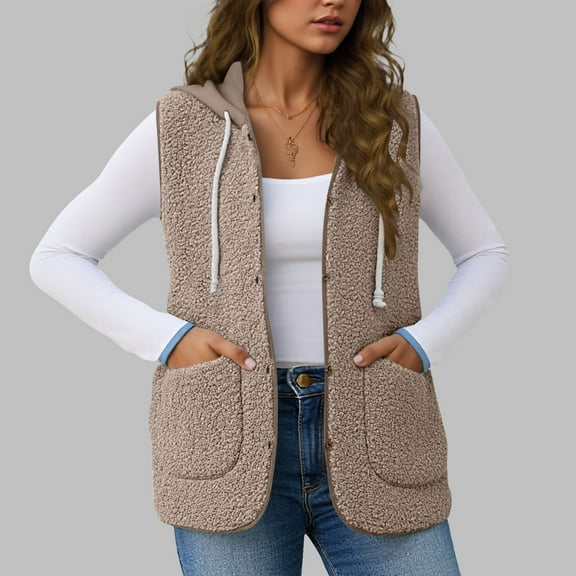 Xdegoge Fleece Vest Women Fuzzy Sleeveless Oversized Button Down Casual Vests Outerwear Travel Sherpa Jackets with Pockets